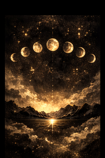 Artistic depiction of moons over a mountain landscape with a reflective body of water.