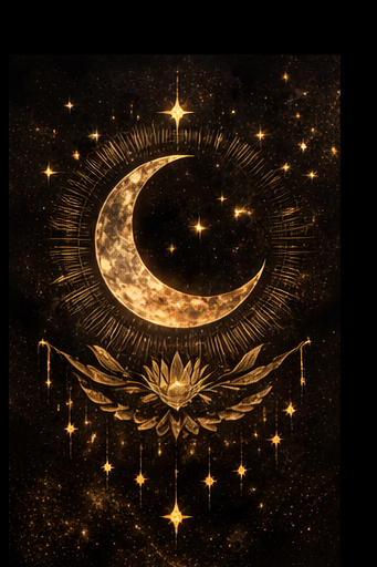 Decorative design with a crescent moon, lotus flower, and stars on a dark background