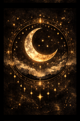 Decorative poster with a crescent moon and stars on a dark background