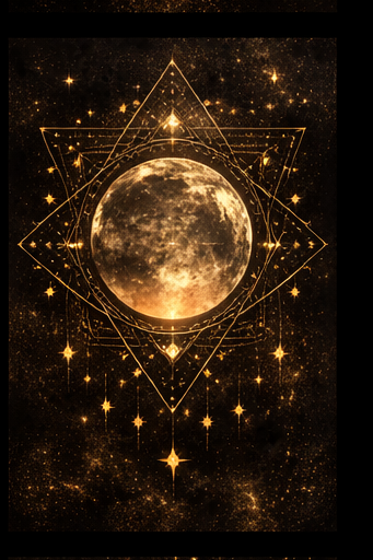 Geometric design with a moon and stars on a dark background