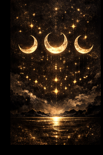 Three moons over a reflective water surface with stars in the sky