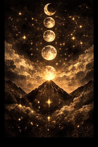 Artistic depiction of moon phases over a mountain with celestial elements.