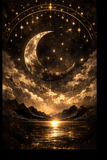  celestial scene with crescent moon over mountains and water