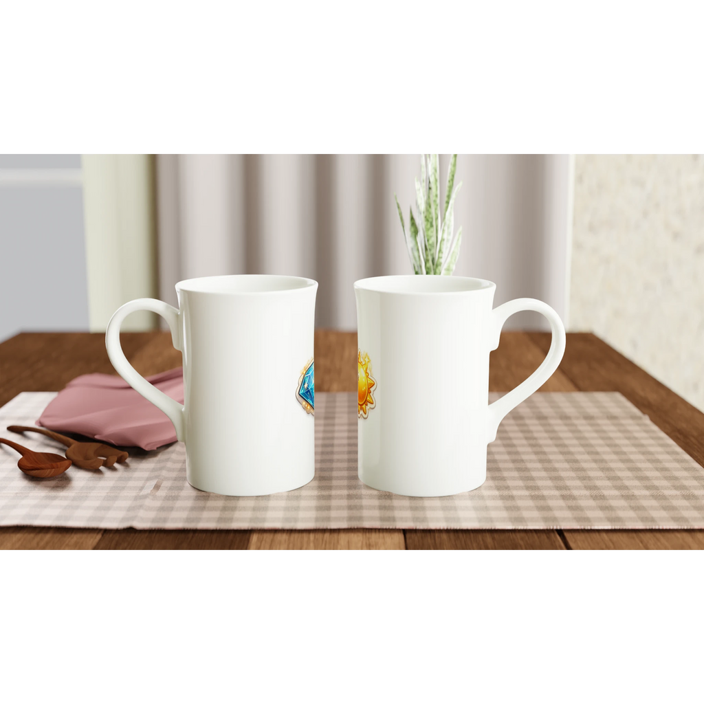 Two white mugs with floral designs on a wooden table with a checkered tablecloth.