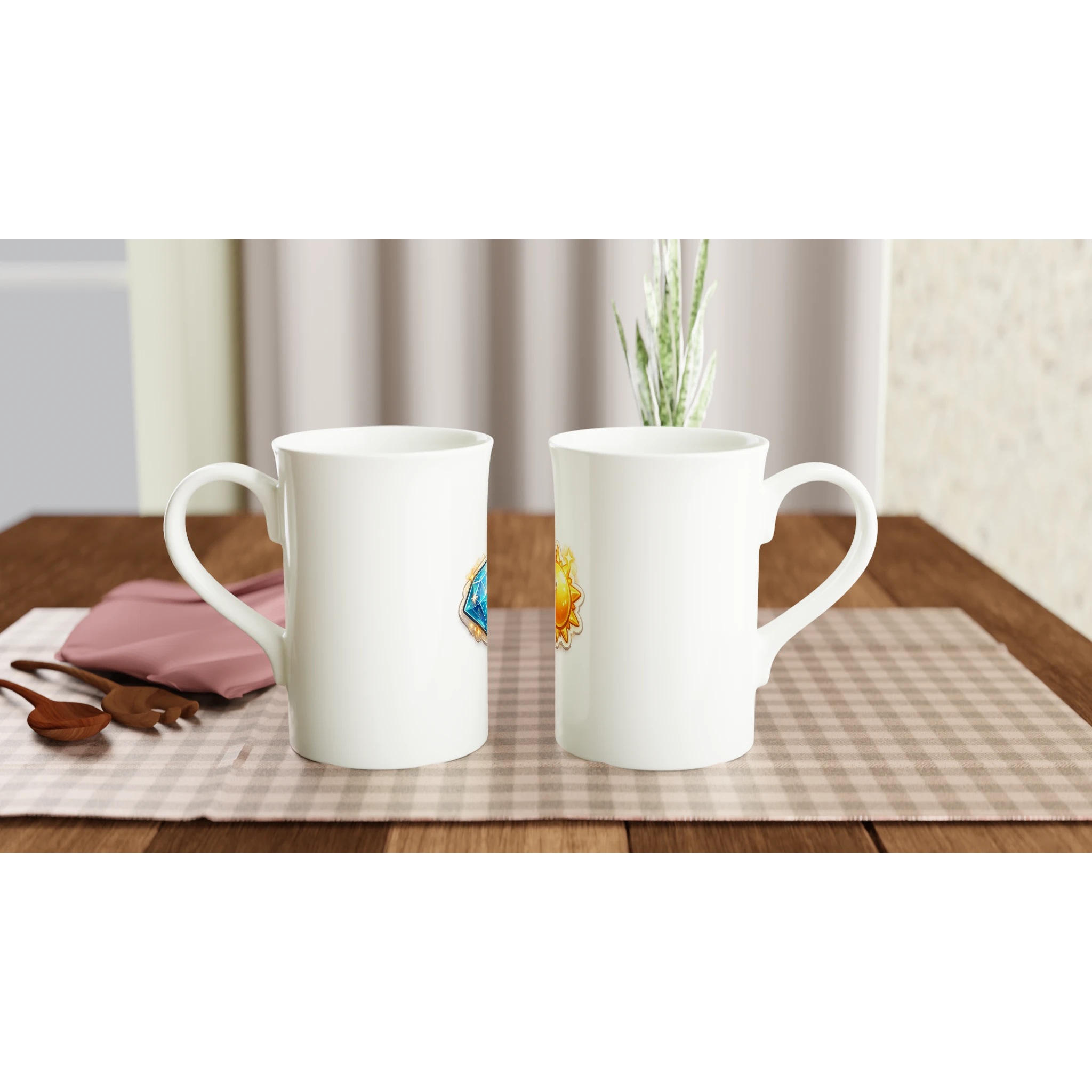 Two white mugs with floral designs on a wooden table with a checkered tablecloth.