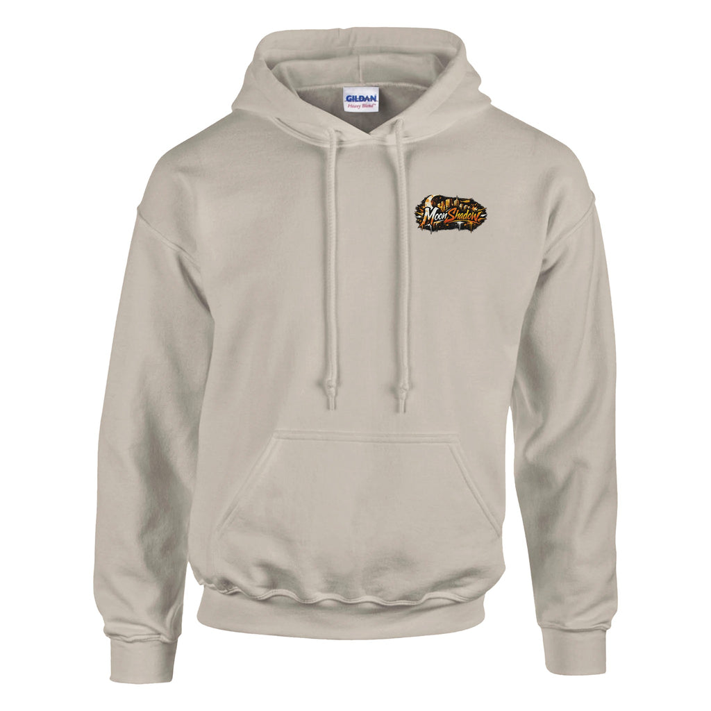 Beige hoodie with a logo on the chest against a white background