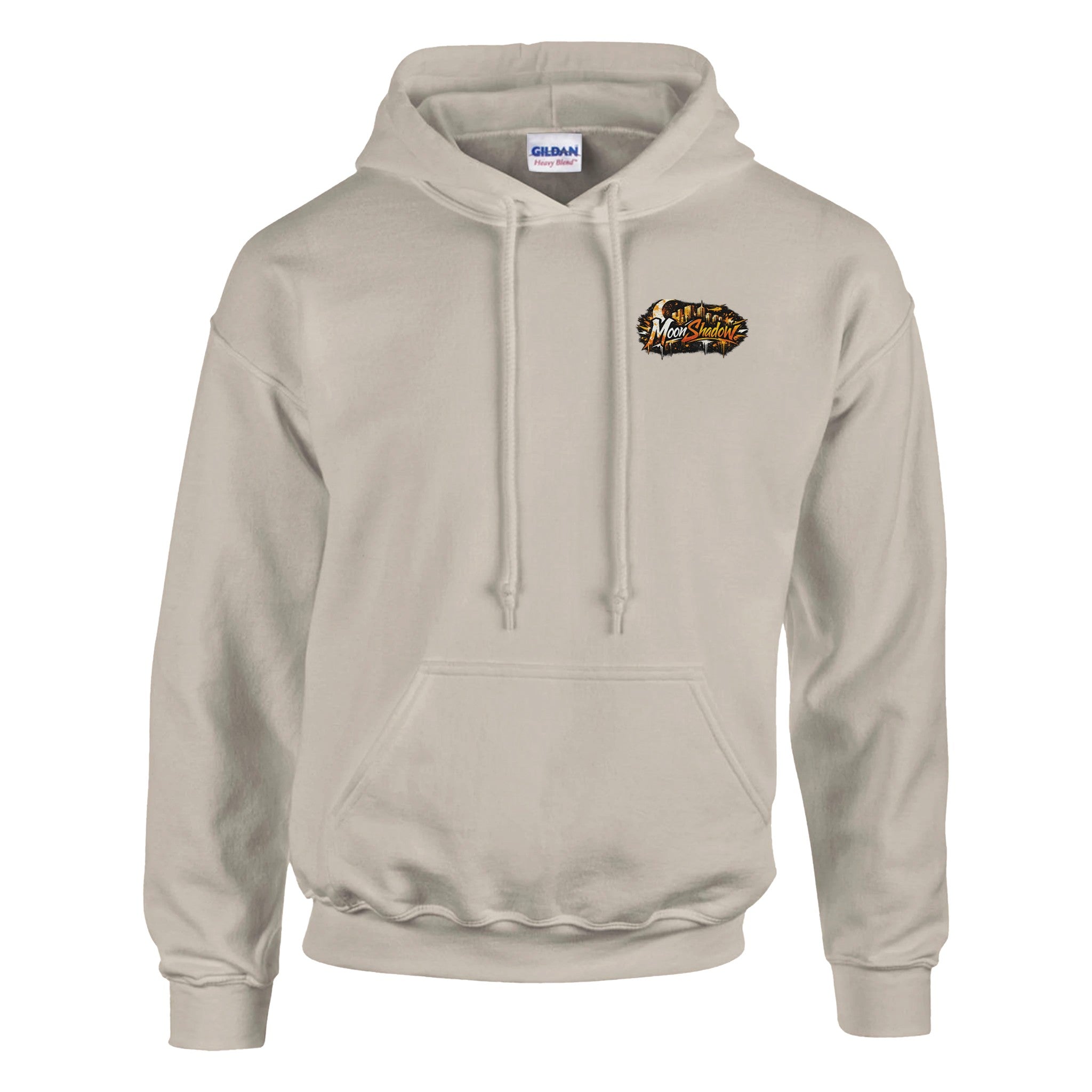 Beige hoodie with a logo on the chest against a white background