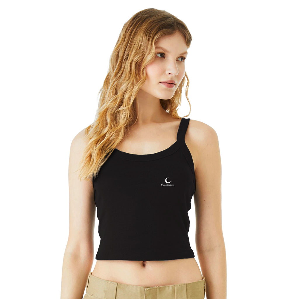 Woman wearing a black tank top with a logo on a white background