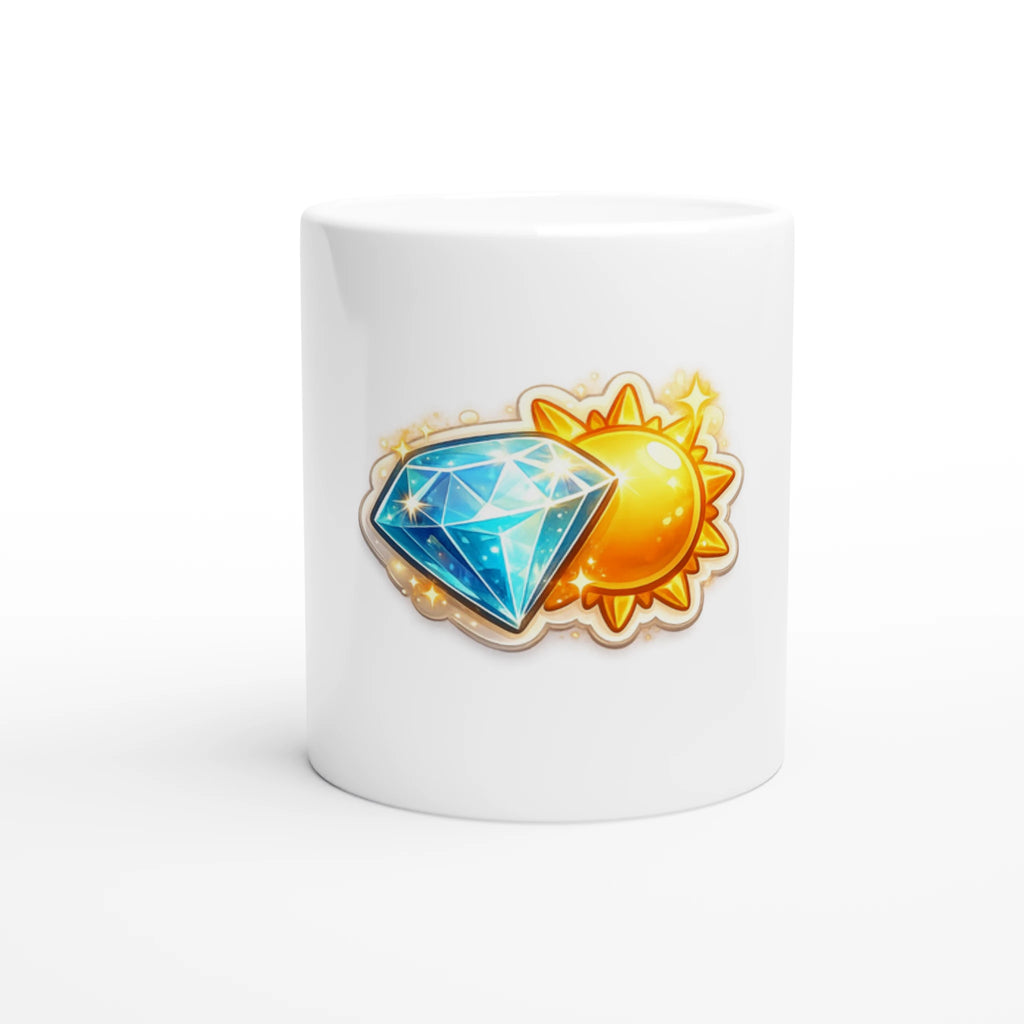 White mug with a sun and diamond design on a white background