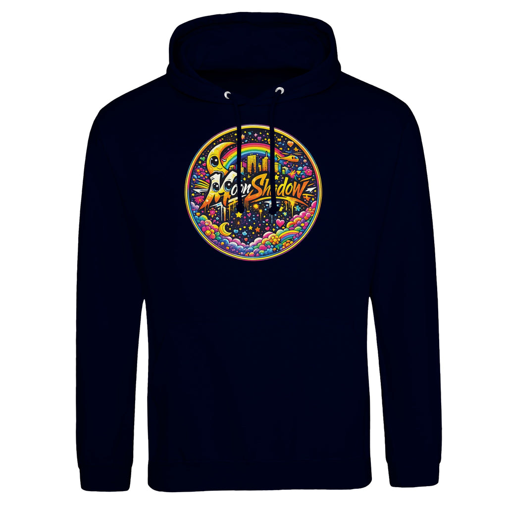 Black hoodie with colorful graphic design on a white background