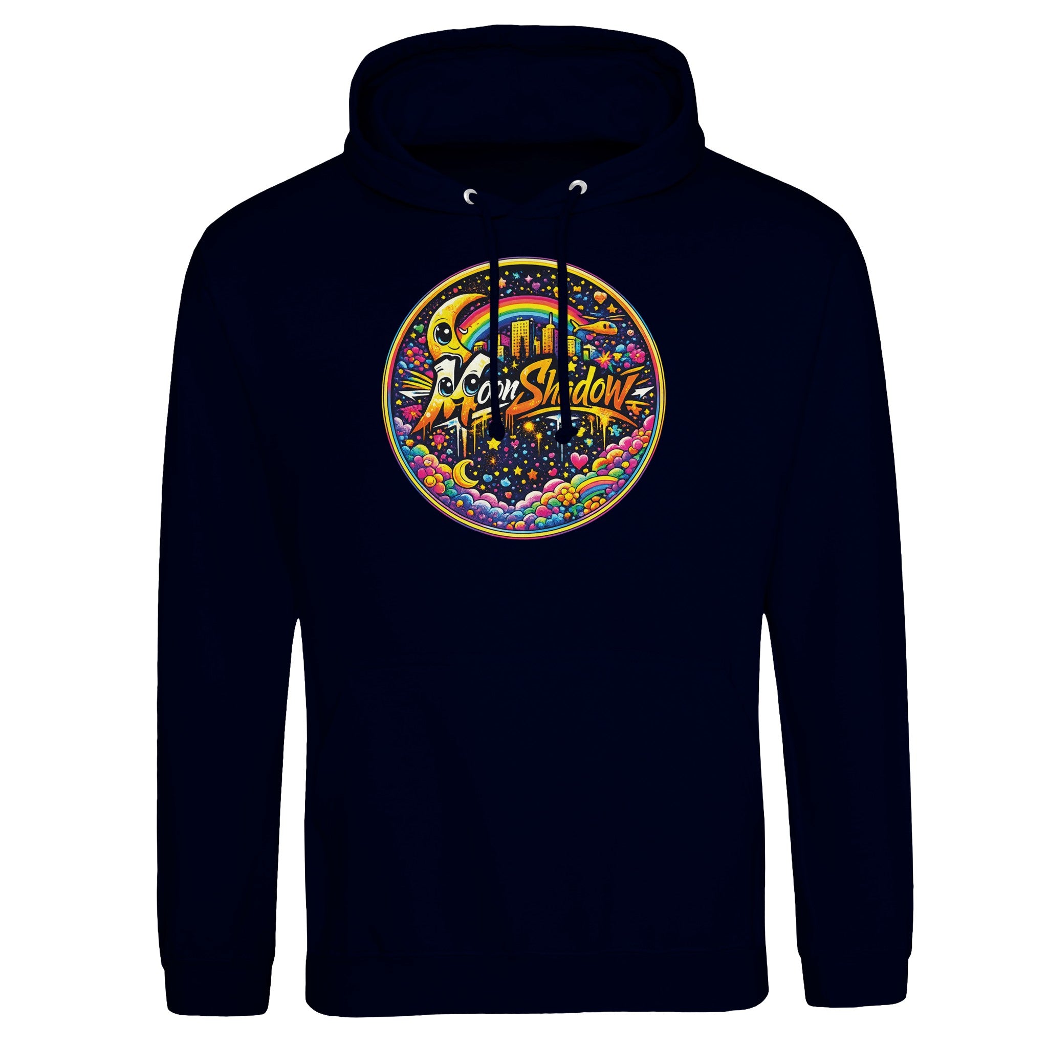 Black hoodie with colorful graphic design on a white background