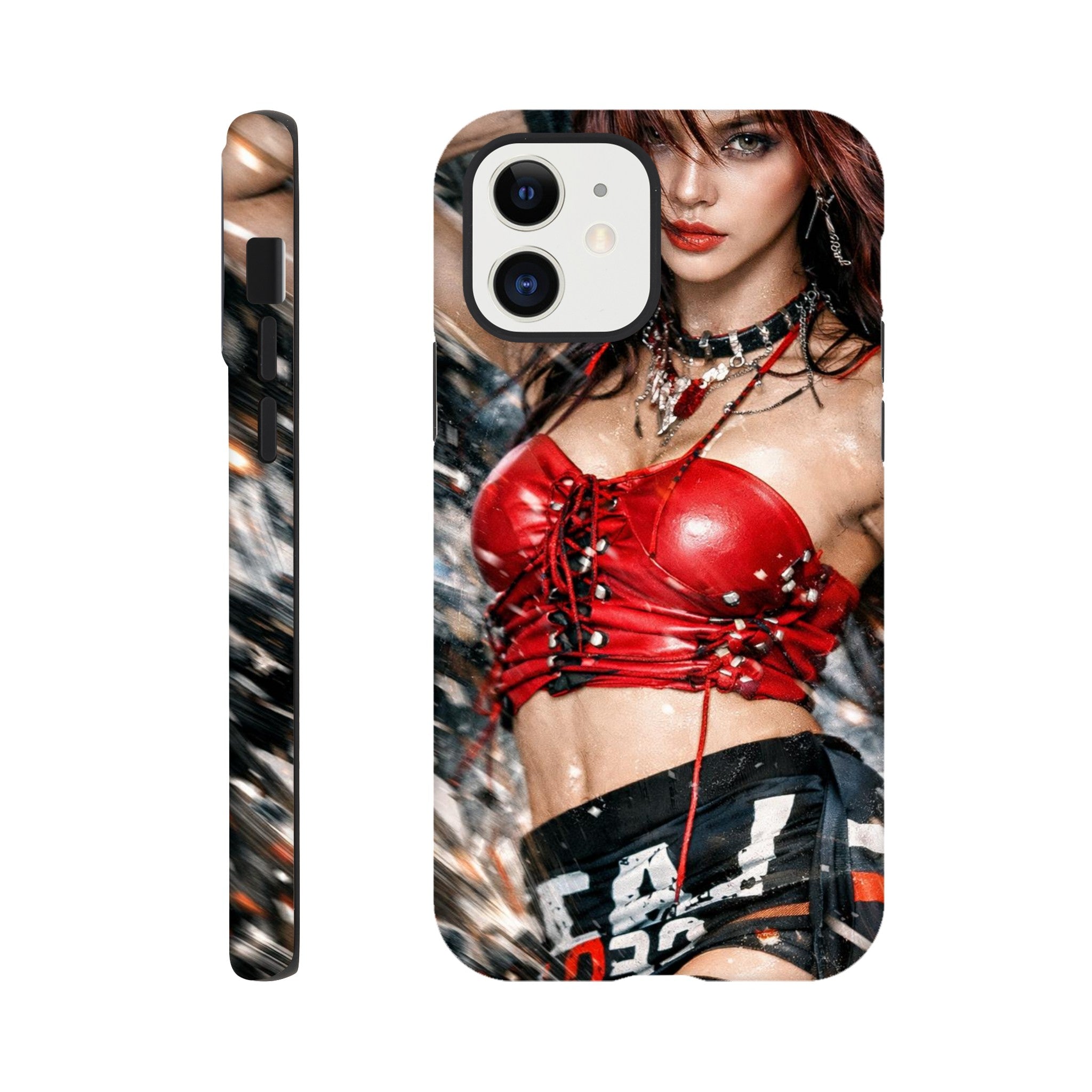 Phone case with a design of a person wearing a red outfit and black pants on a white background