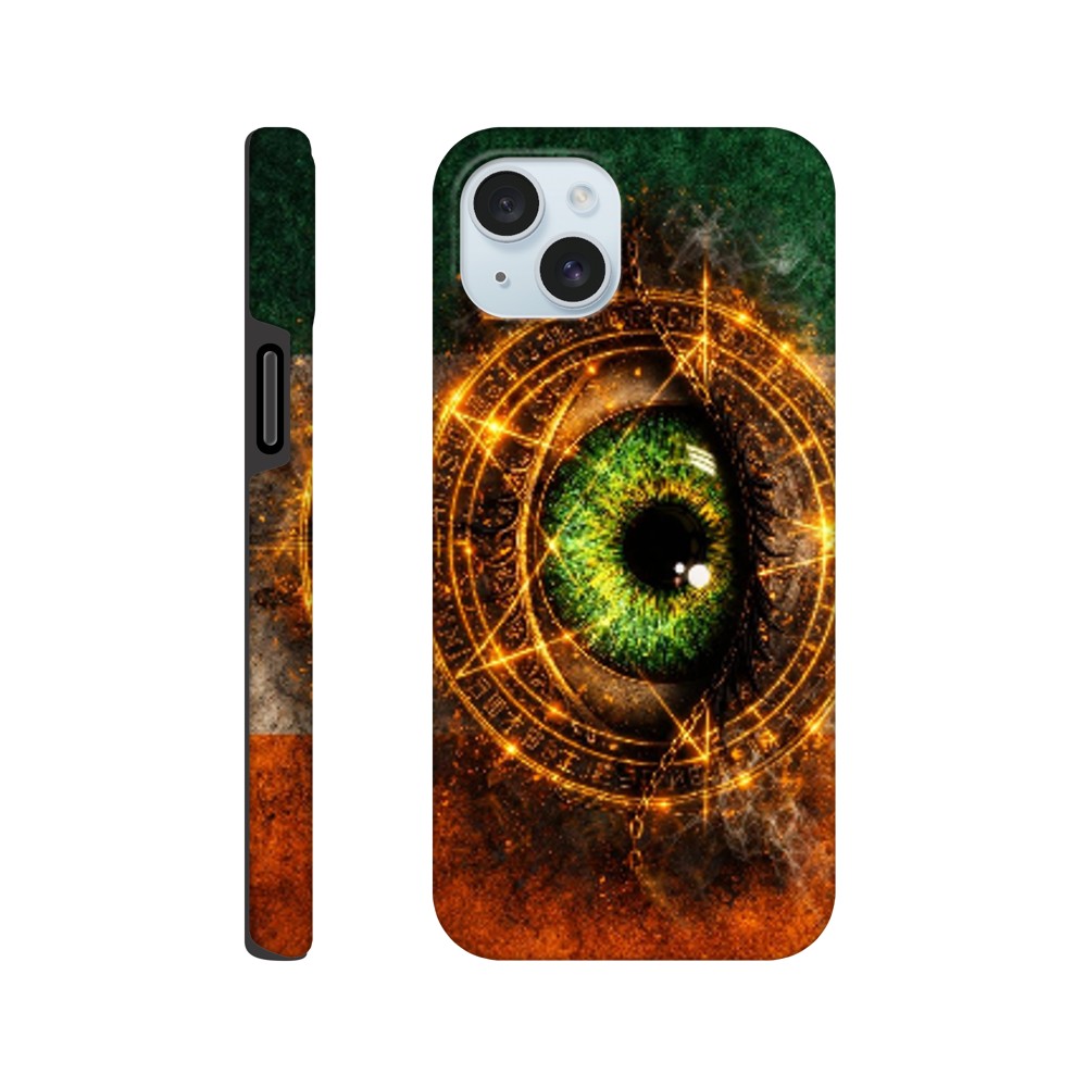 Phone case with eye design and mystical symbols on a white background