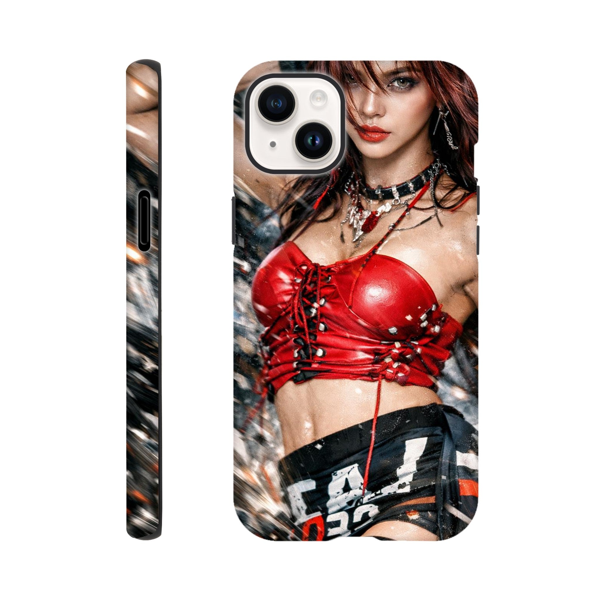 Phone case with a design of a person wearing a red outfit on a white background