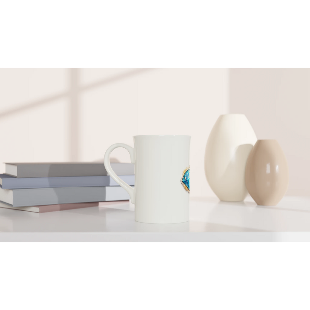 White mug and books on a white surface with two beige vases in the background