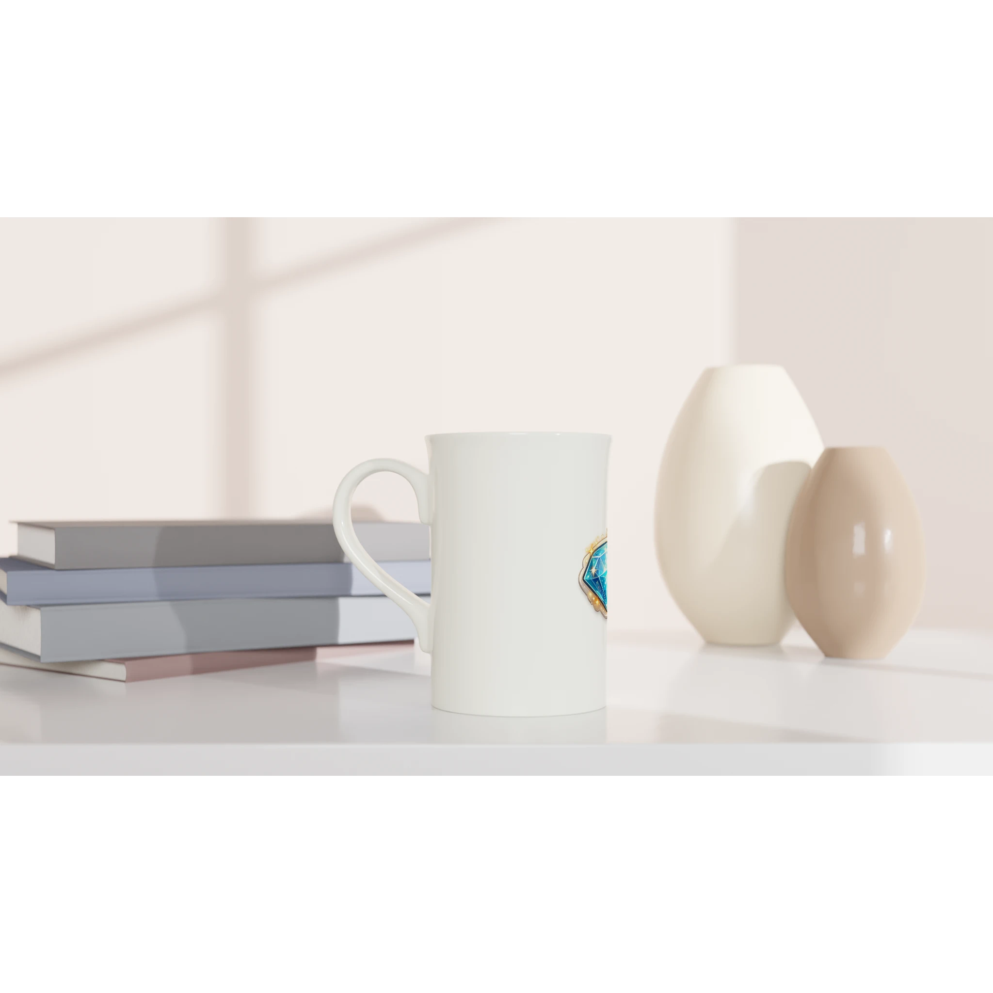 White mug and books on a white surface with two beige vases in the background
