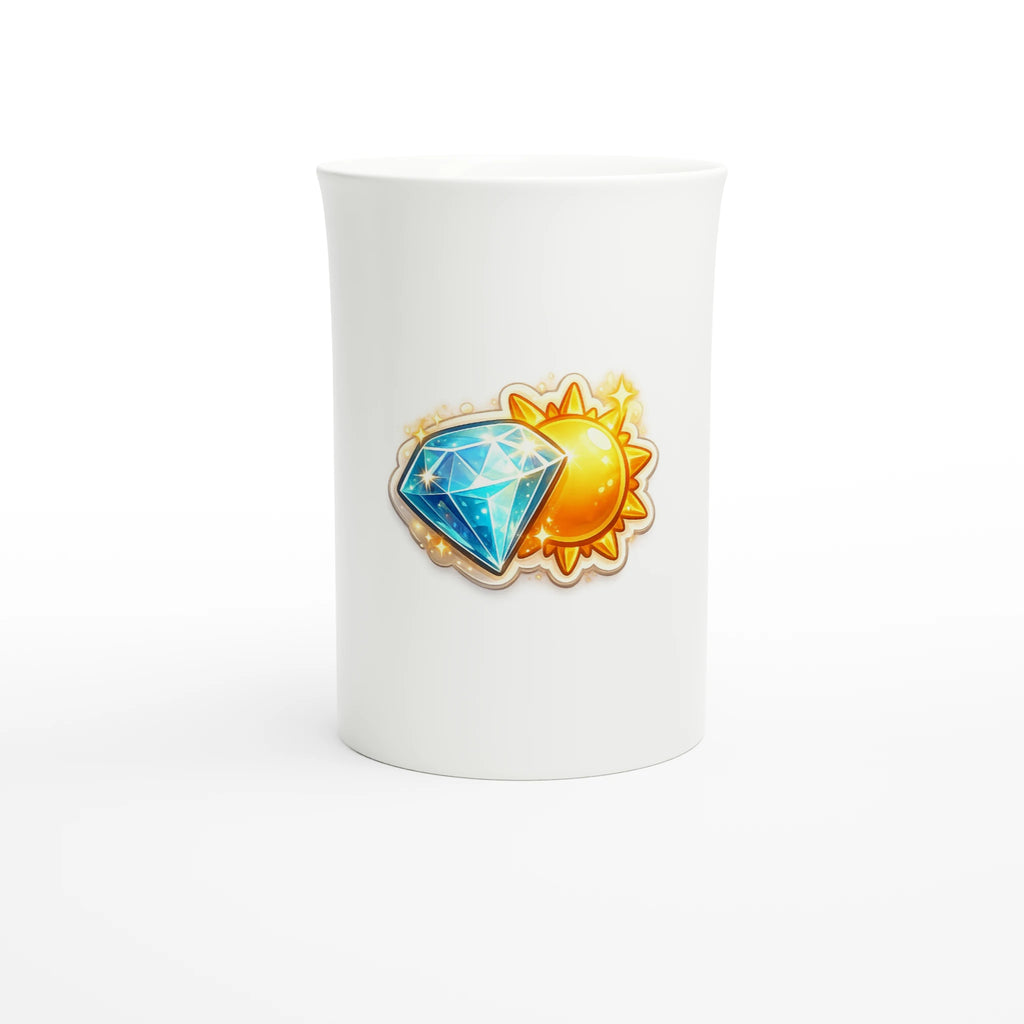 White mug with a sun and diamond design on a white background