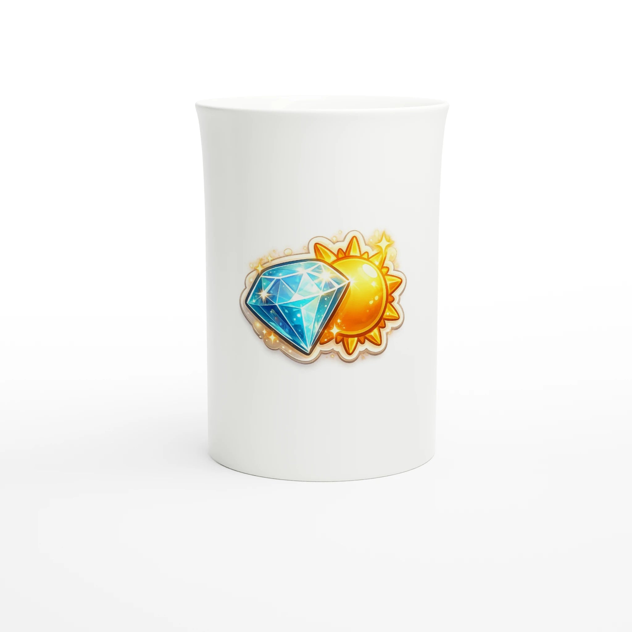 White mug with a sun and diamond design on a white background
