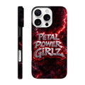 Phone case with 'Petal Power Girlz' design on a red and black background