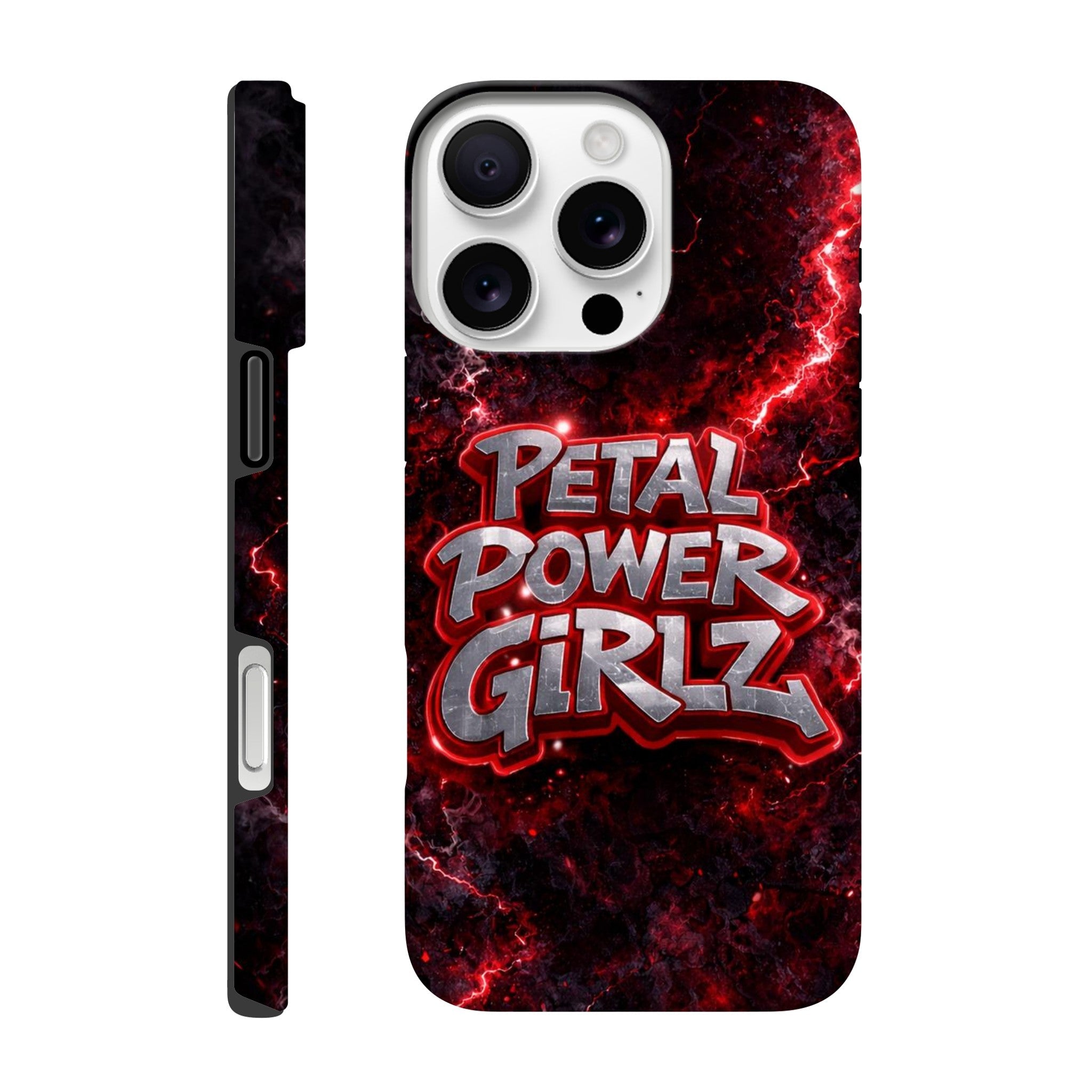 Phone case with 'Petal Power Girlz' design on a red and black background