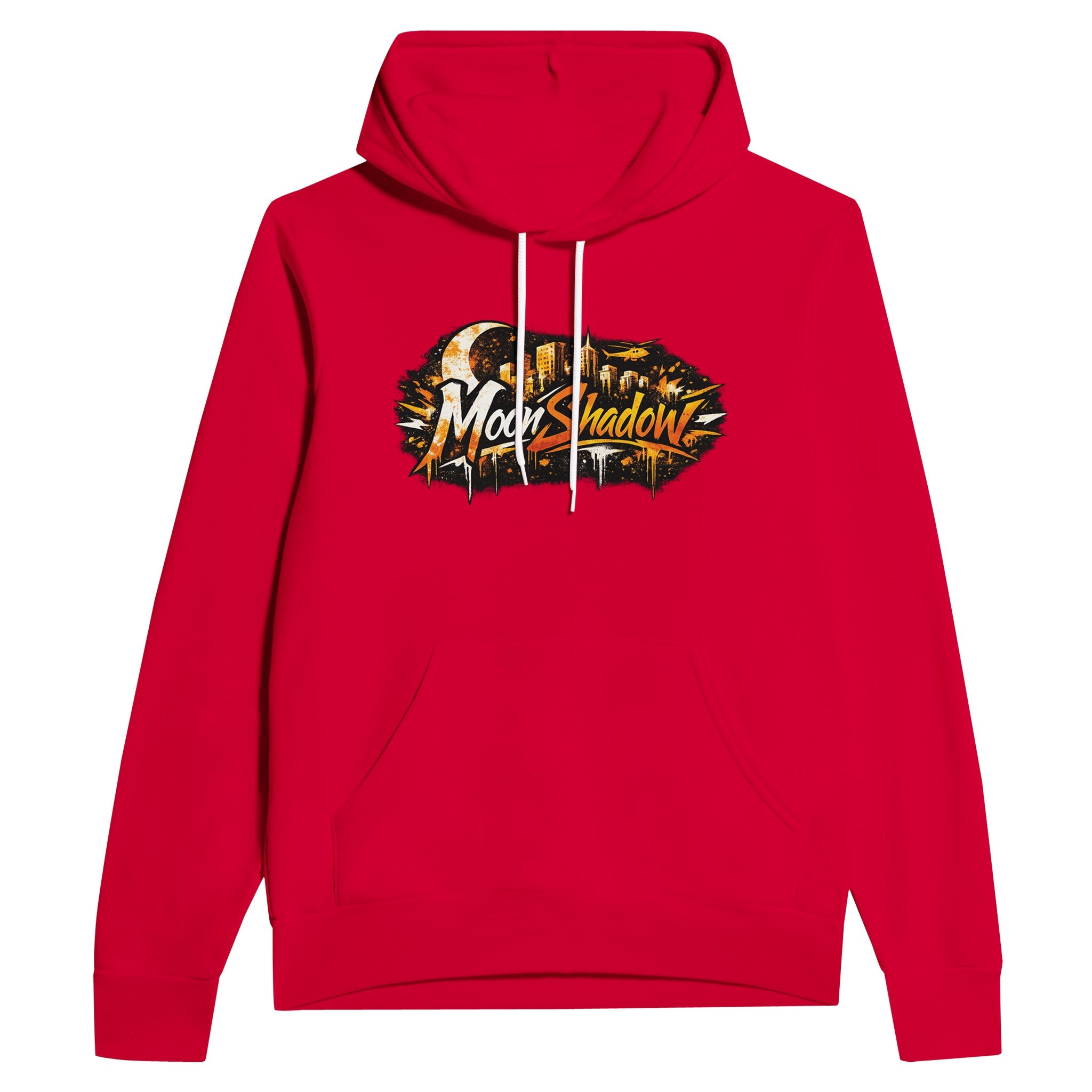 Red hoodie with 'MoonShadow' logo on the back against a white background