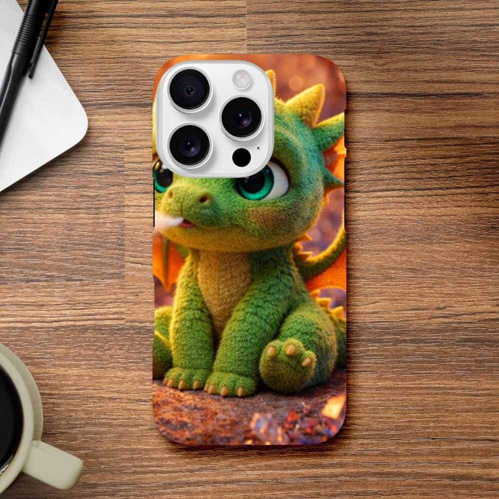 Phone case with a green dragon design on a wooden surface with a coffee cup and tablet.