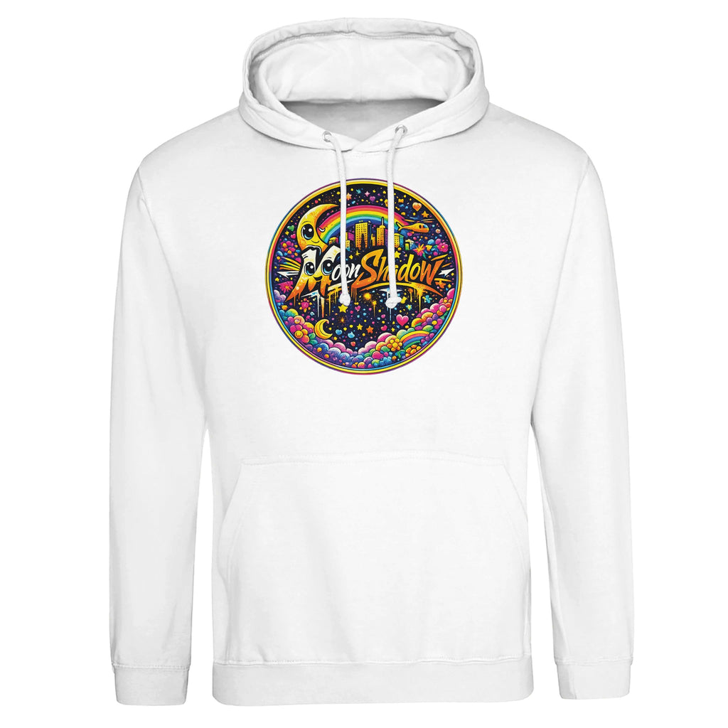 White hoodie with colorful 'Fever Shadow' logo on a white background