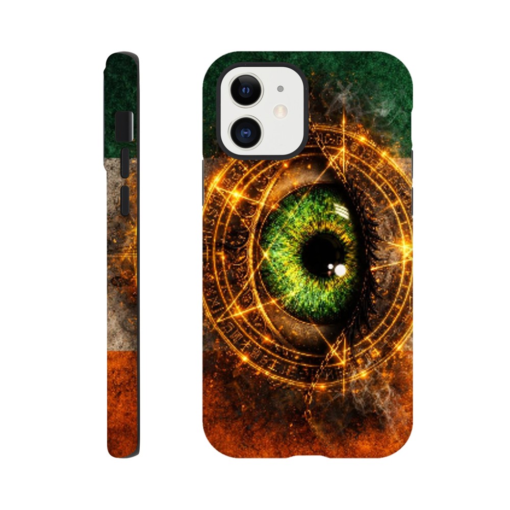 Phone case with eye design and mystical symbols on a white background