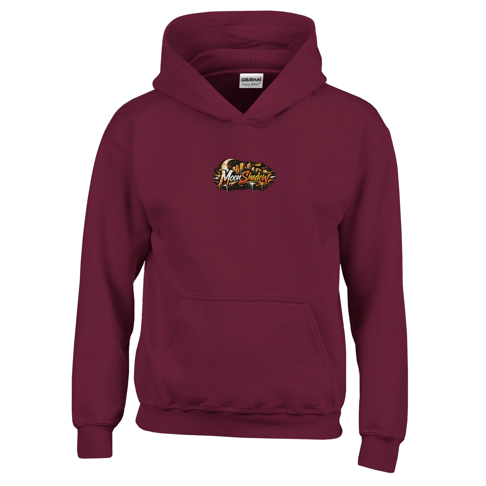 Maroon hoodie with a logo on the chest against a white background
