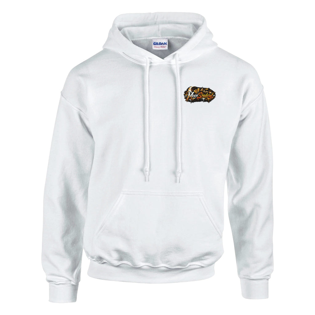 White hoodie with a logo on the chest against a white background