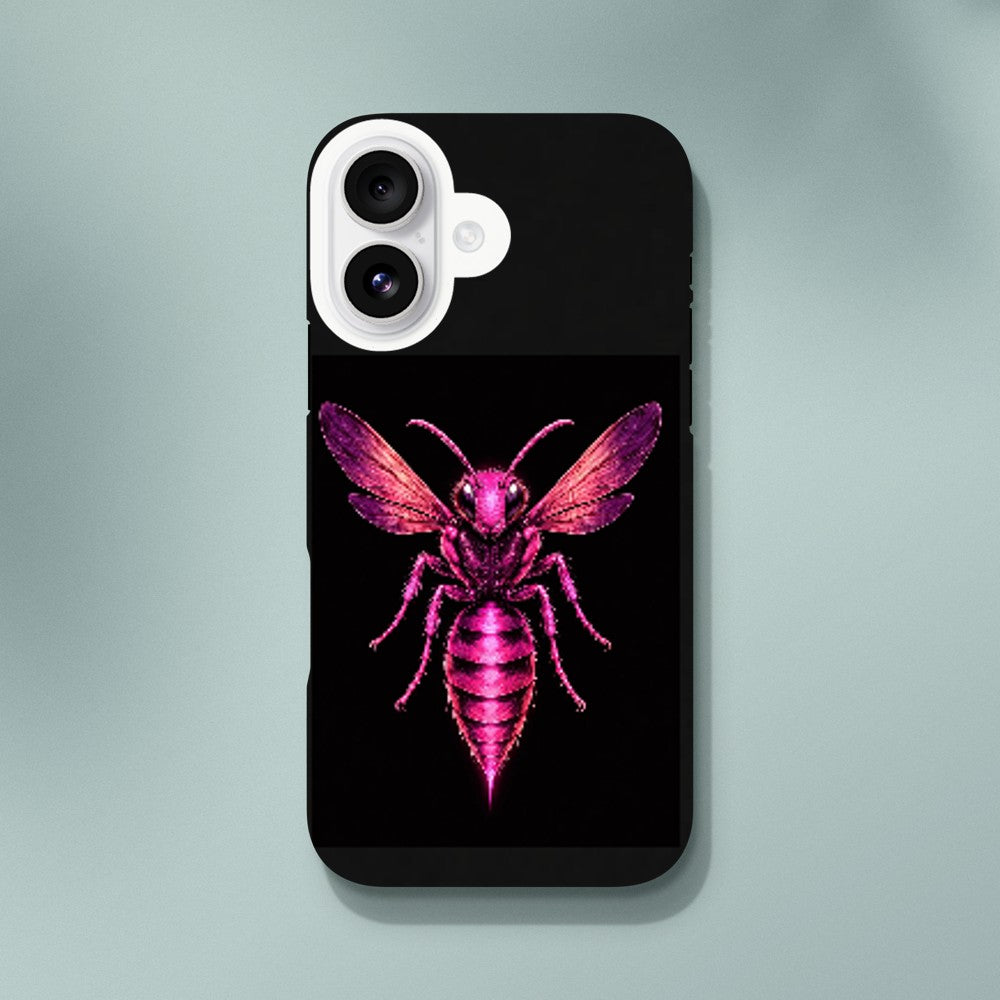 Phone case with a pink bee design on a black background