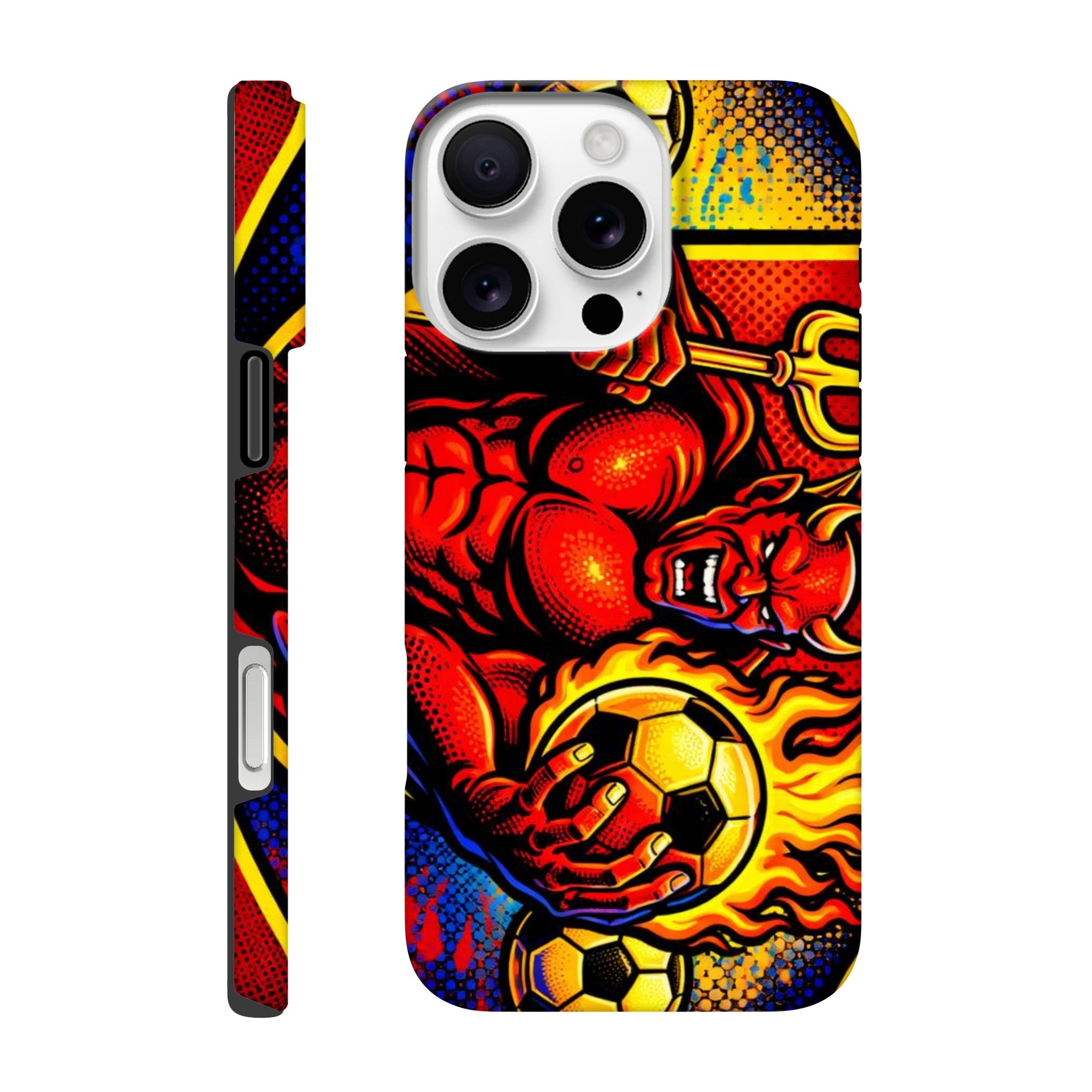 Phone case with a vibrant design featuring a soccer ball, flames, and abstract elements on a white background.