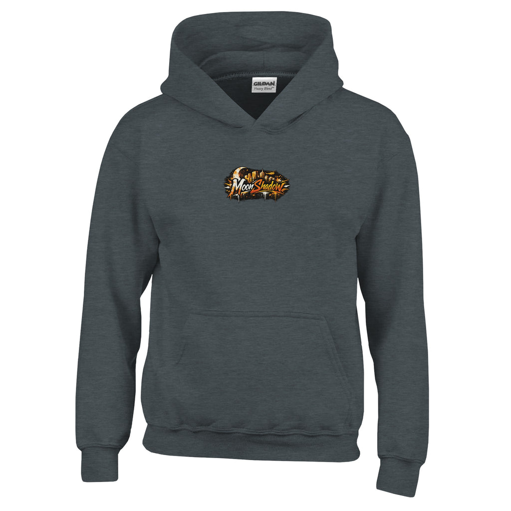 Dark gray hoodie with a logo on the chest against a white background