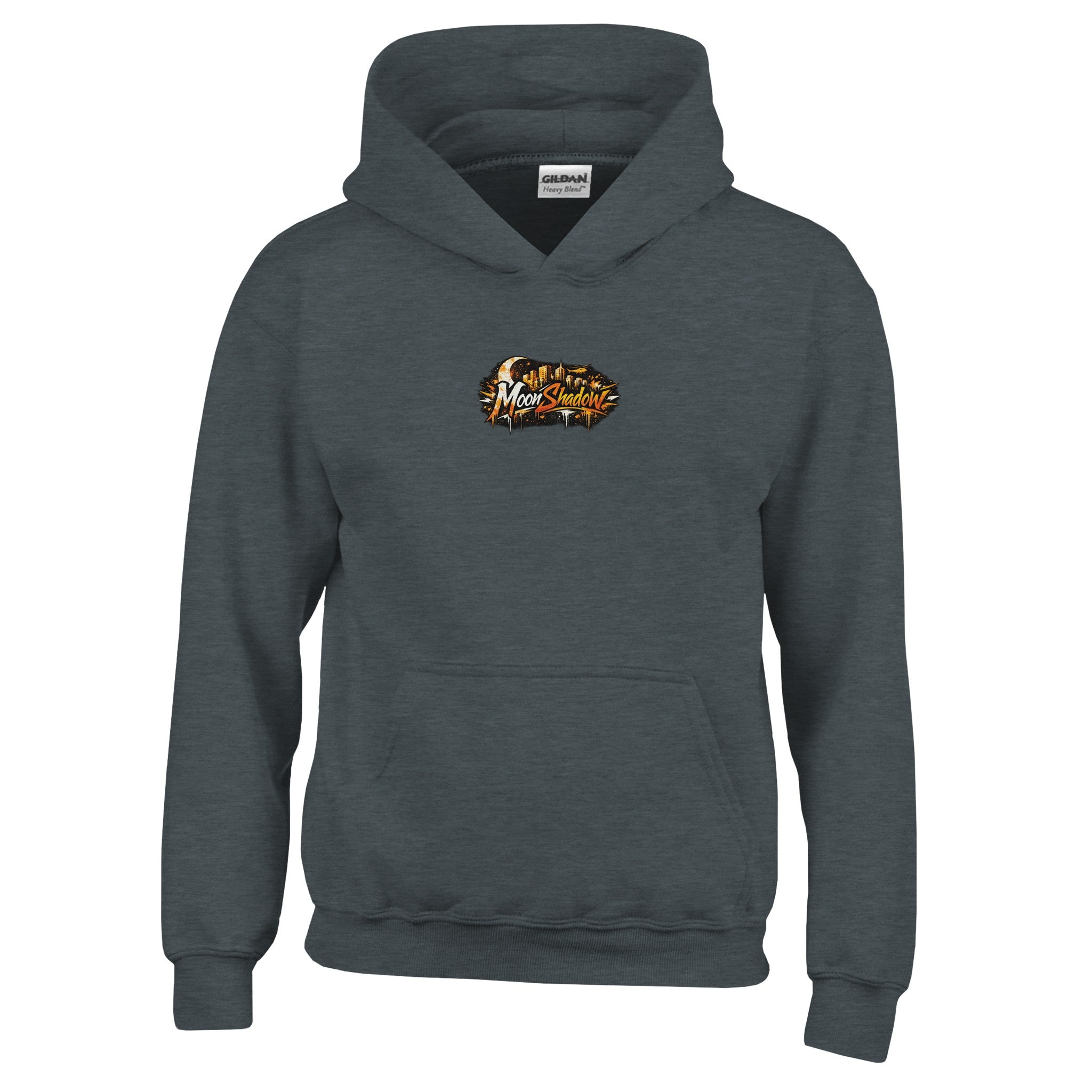 Dark gray hoodie with a logo on the chest against a white background
