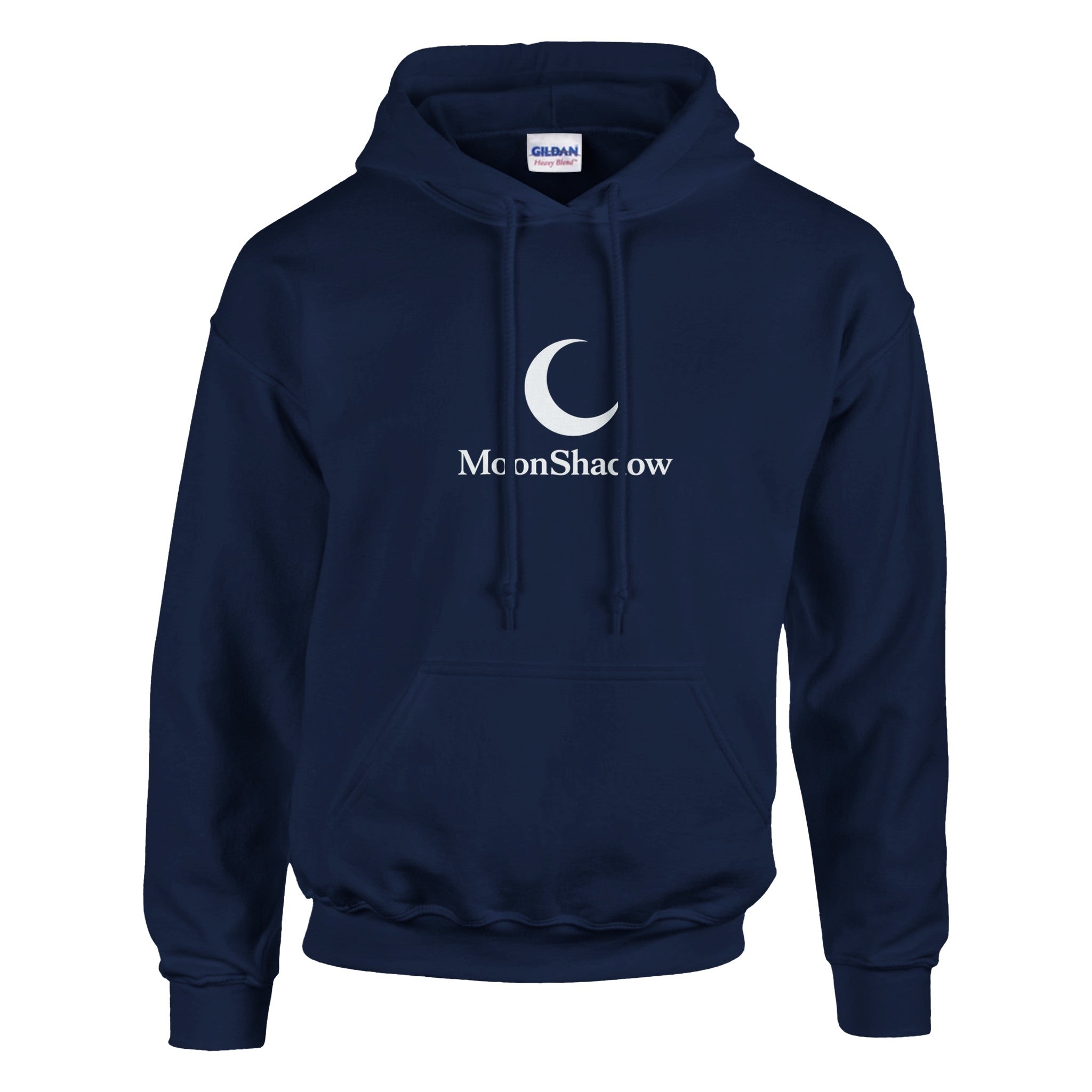 Navy blue hoodie with graphic and text on a white background