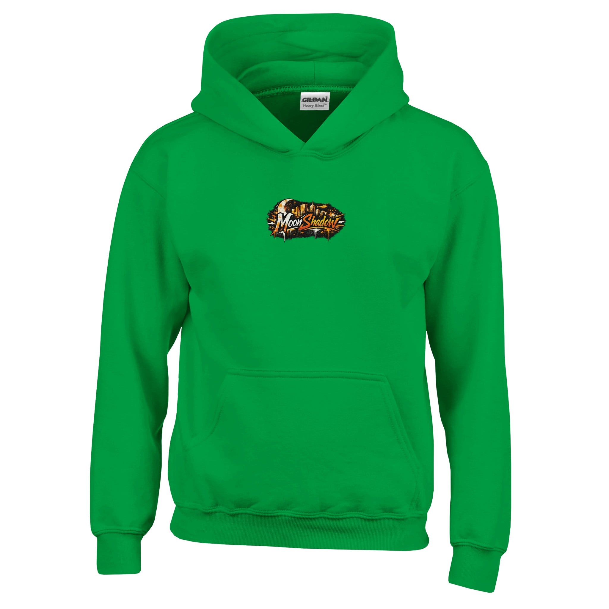 Green hoodie with a logo on the chest against a white background