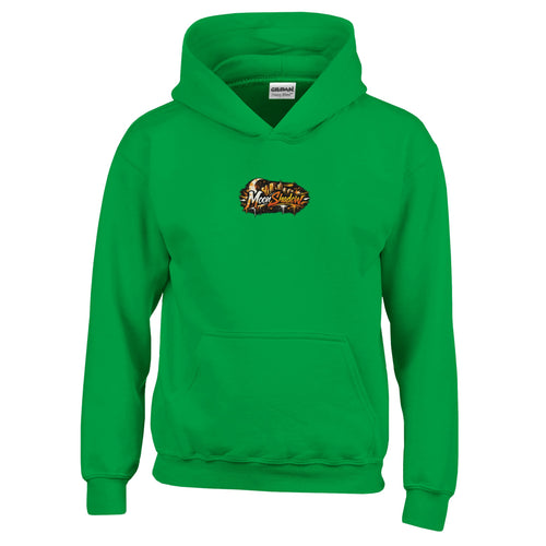Green hoodie with a logo on the chest against a white background