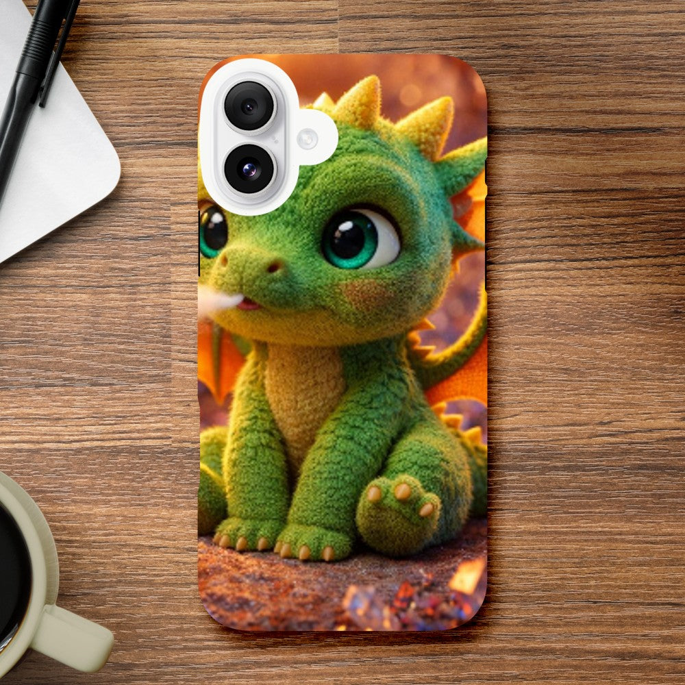 Phone case with a green dragon design on a wooden surface