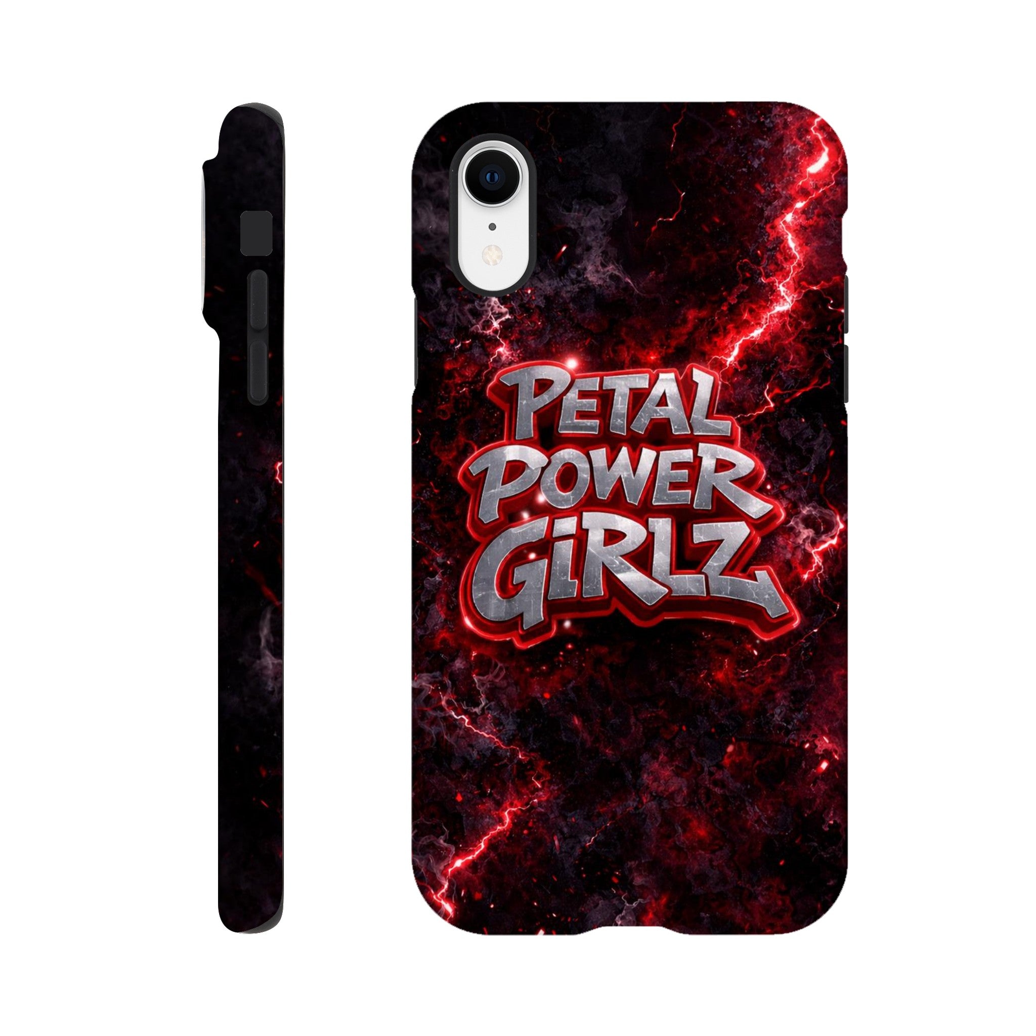 Phone case with 'Petal Power Girlz' design on a dark background with red accents