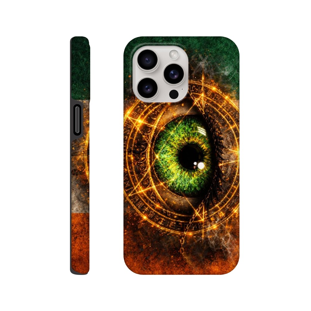 Phone case with eye design and mystical symbols on a white background