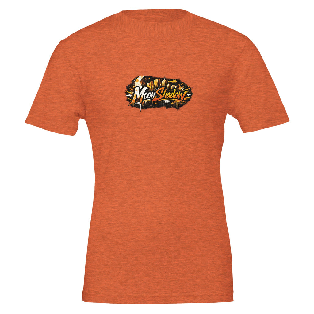 Orange t-shirt with 'MoonShadows' logo on a white background