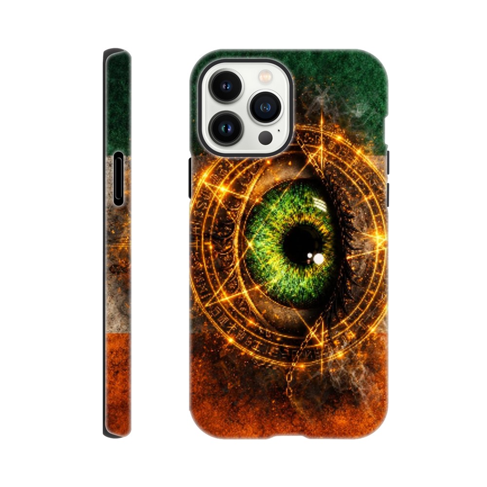 Phone case with eye design and mystical symbols on a white background
