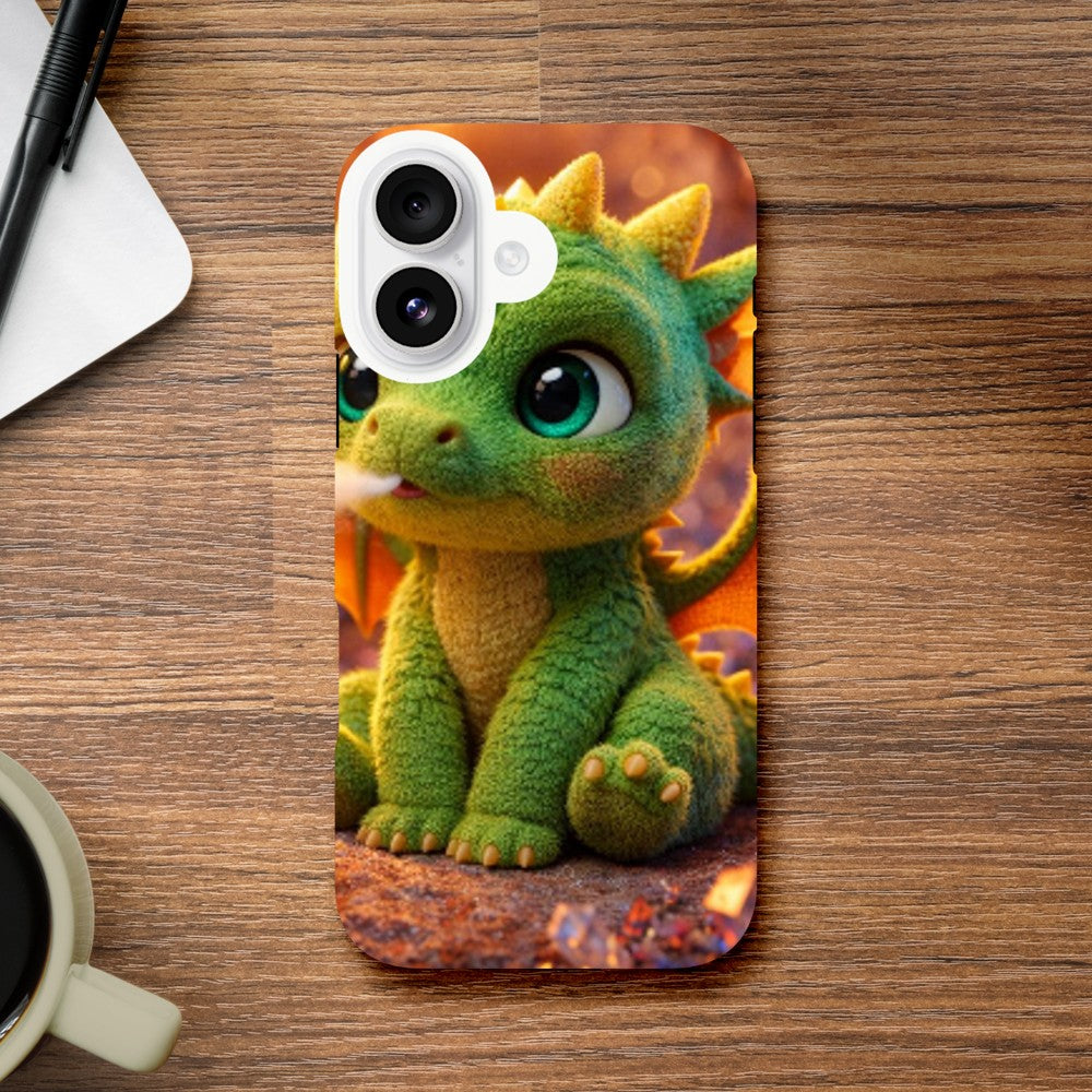 Phone case with a green dragon design on a wooden surface with a coffee cup and tablet.