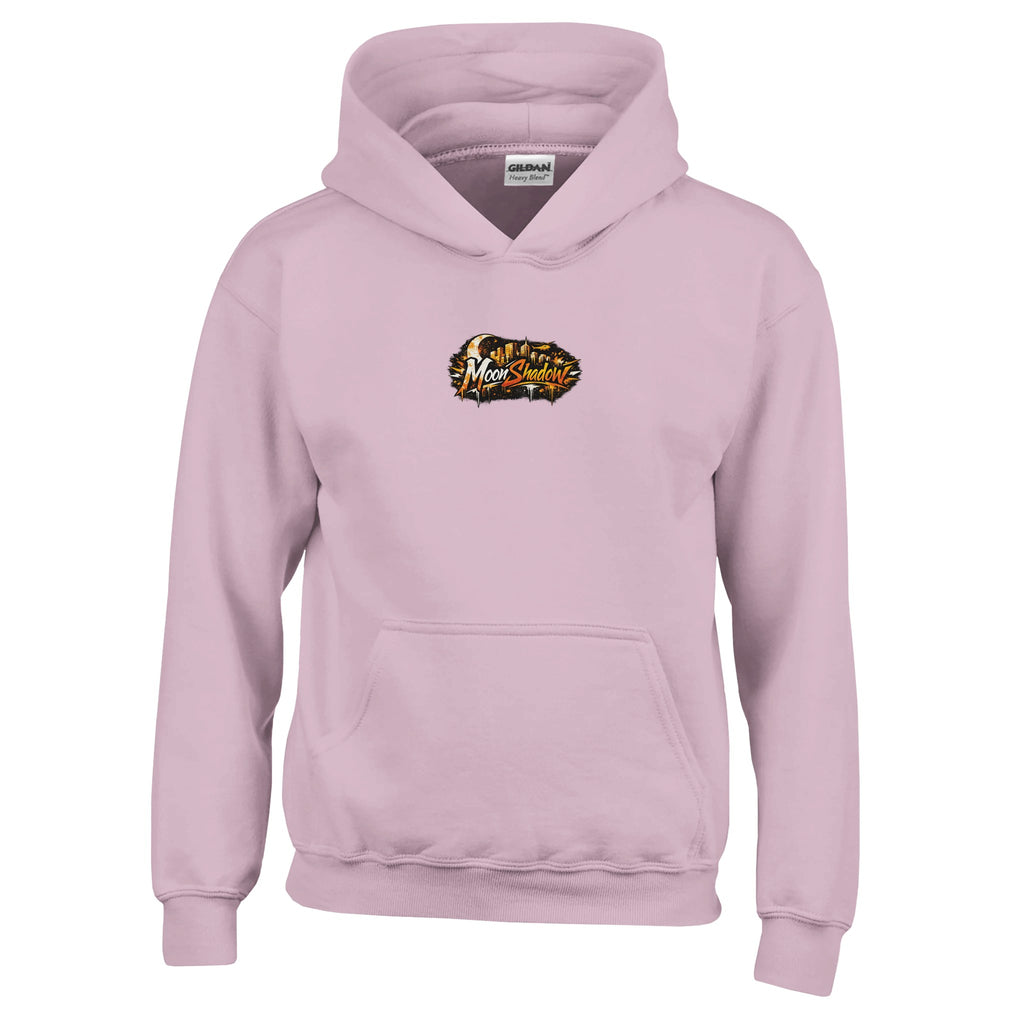 Pink hoodie with a logo on the chest against a white background
