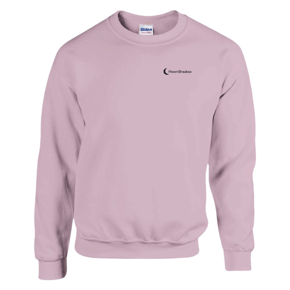 Pink sweatshirt with a logo on the chest against a white background