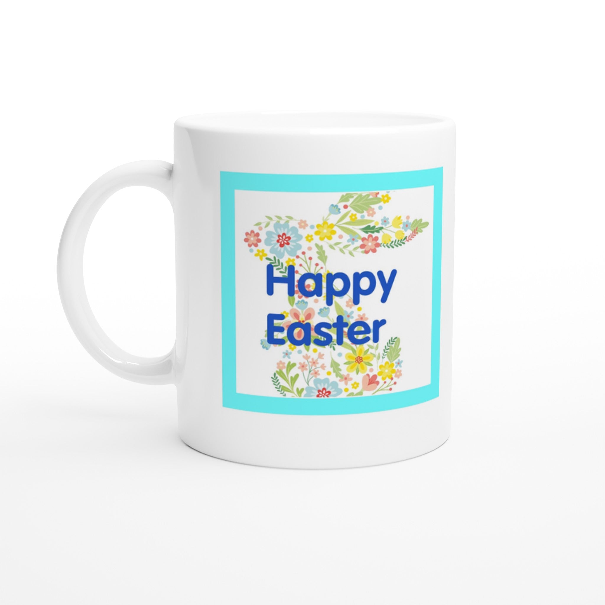 White mug with 'Happy Easter' design on a white background