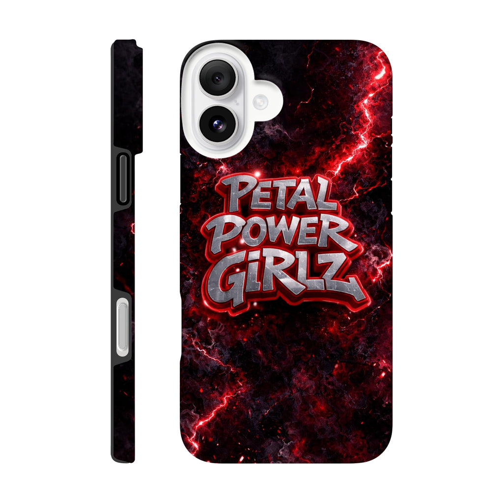 Phone case with 'Petal Power Girlz' design on a red and black background