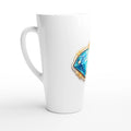 White mug with a blue gemstone design on a white background