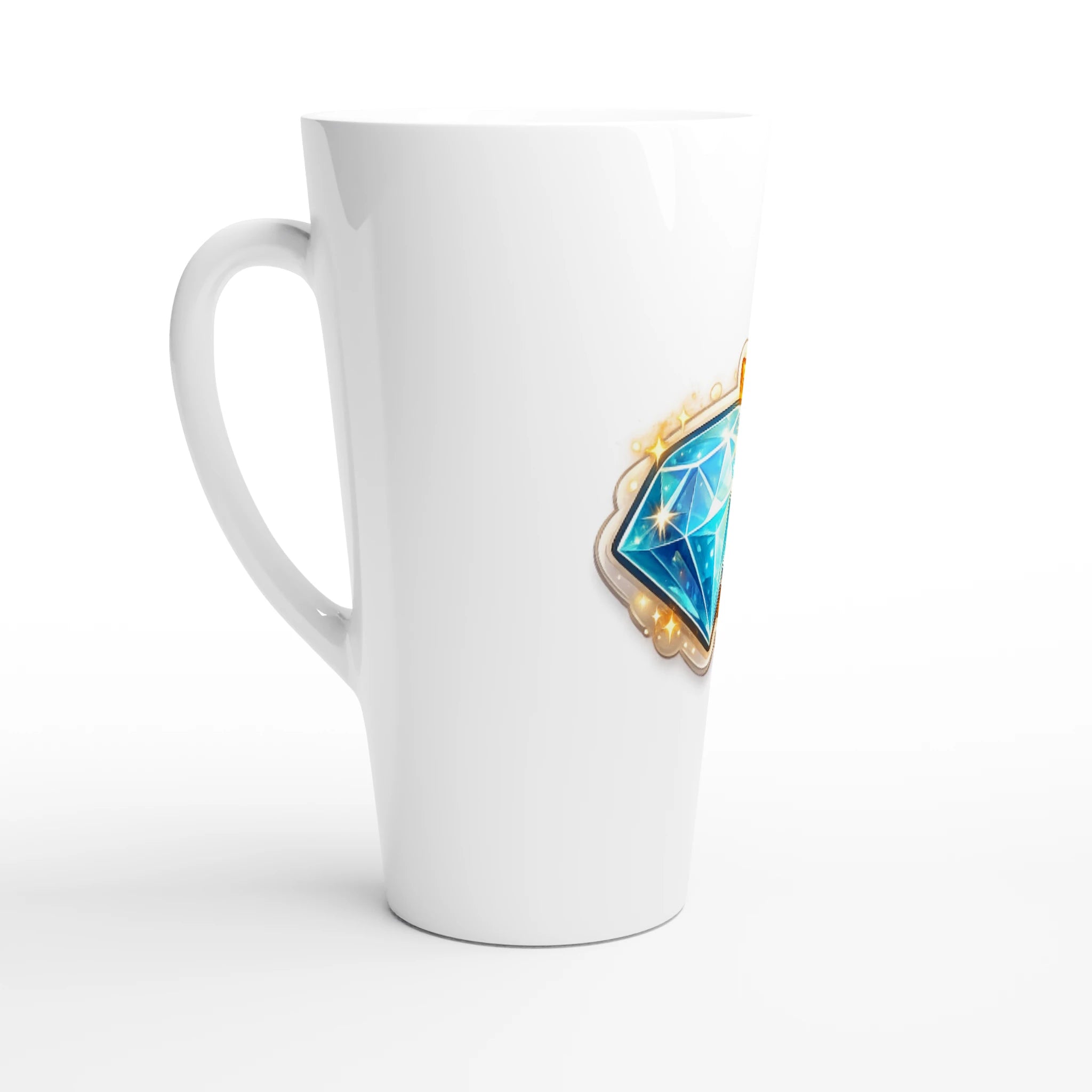 White mug with a blue gemstone design on a white background