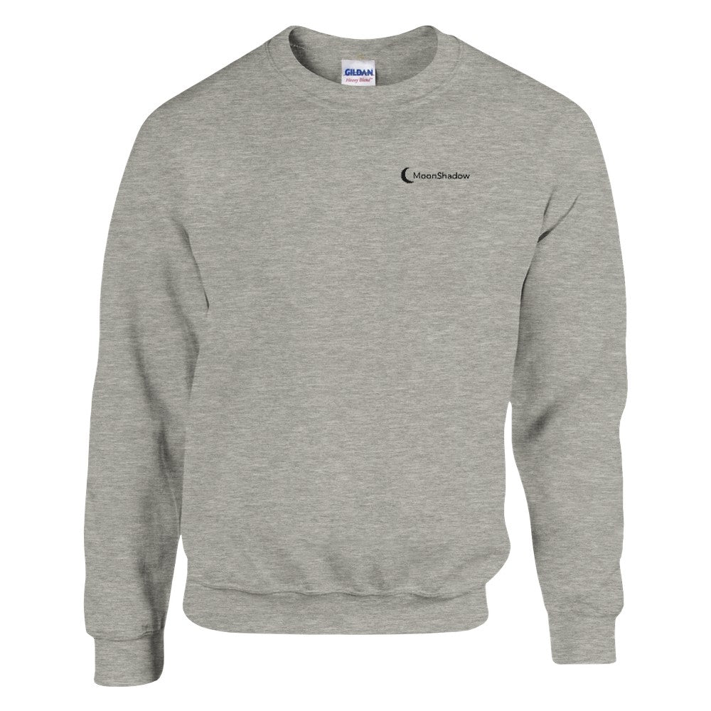Gray sweatshirt with a logo on the chest against a white background